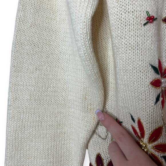 Vintage In Resource Cream Poinsettia Beaded Holiday Cardigan Sweater Sz Medium - Picture 6 of 10